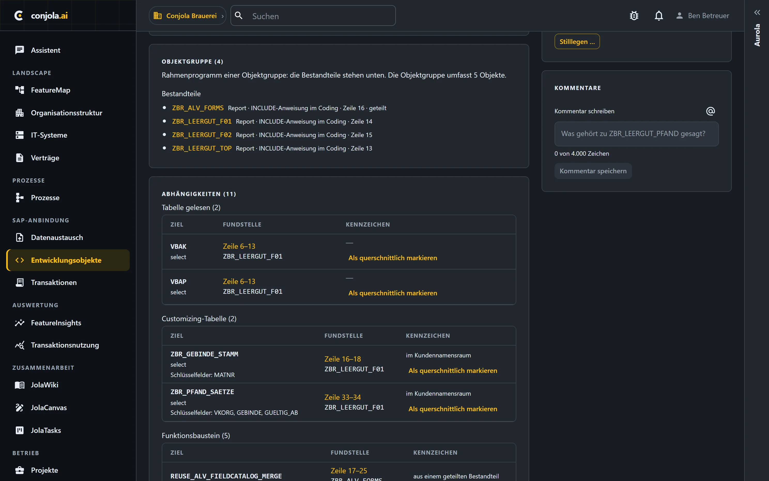 Ein Entwicklungsobjekt in Conjola — Objektgruppe mit ihren Includes und den Zeilen der INCLUDE-Anweisungen, darunter die Abhängigkeiten zu Tabellen, Customizing-Tabellen und Funktionsbausteinen mit Fundstelle.