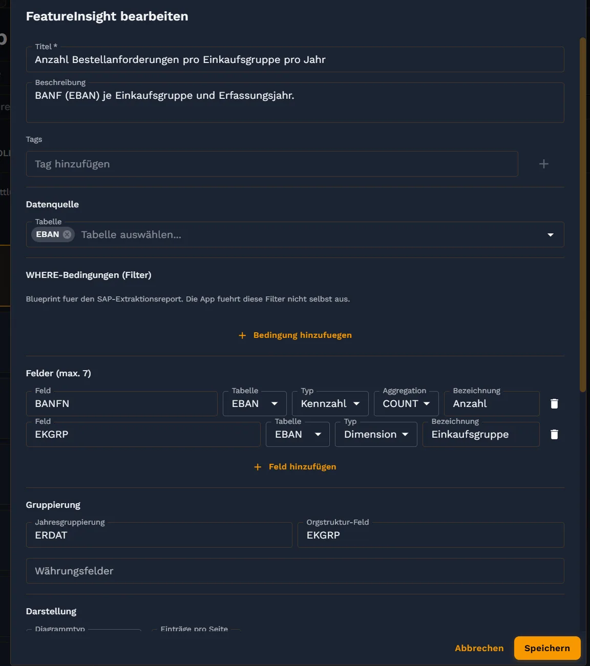 Editor für einen Feature Insight in Conjola — Datenquelle, Felder und Aggregationen als Blueprint für den SAP-Extraktionsreport.