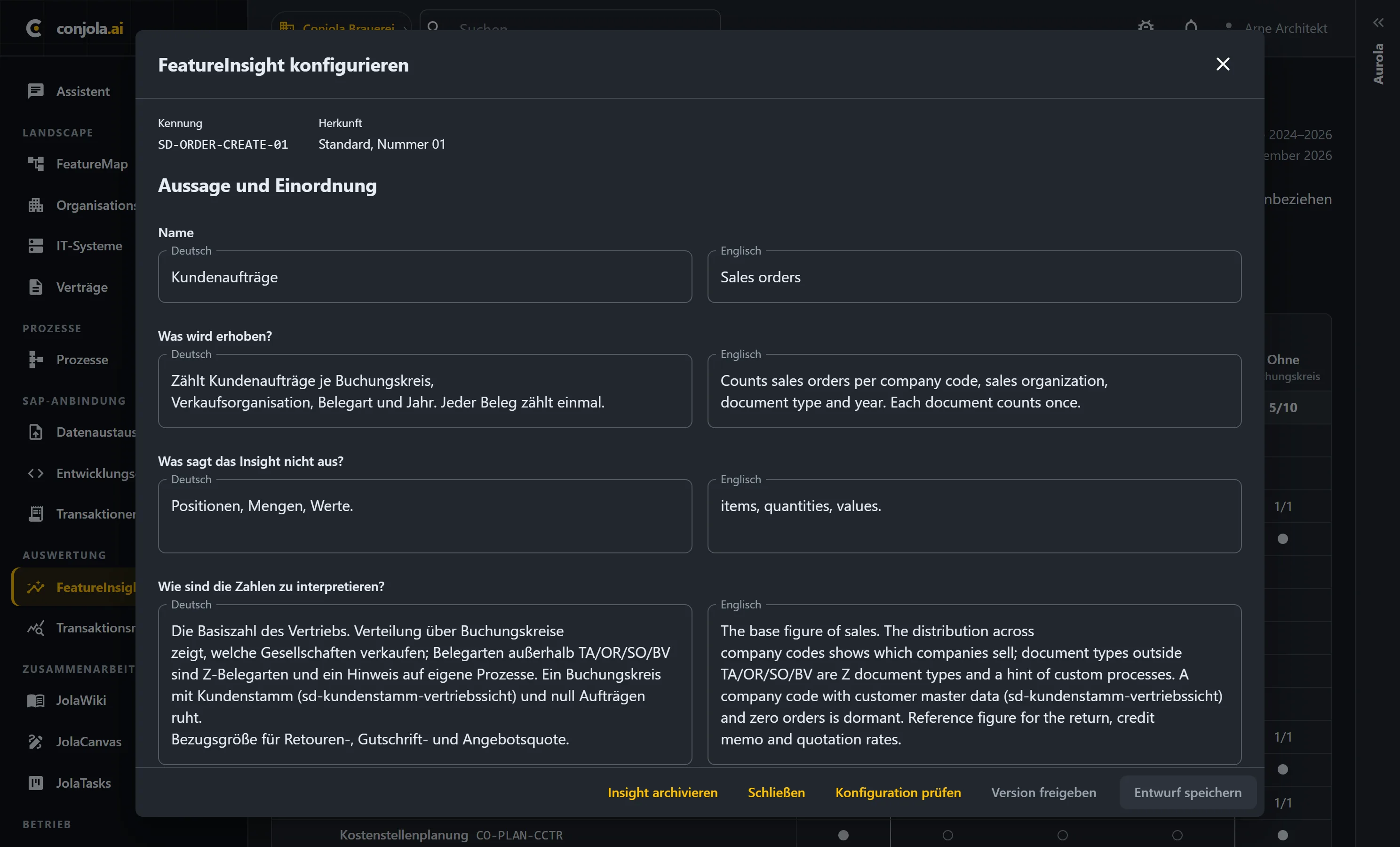 Konfiguration eines Feature Insights in Conjola — Name, was erhoben wird, was das Insight nicht aussagt und wie die Zahlen zu lesen sind, auf Deutsch und Englisch.