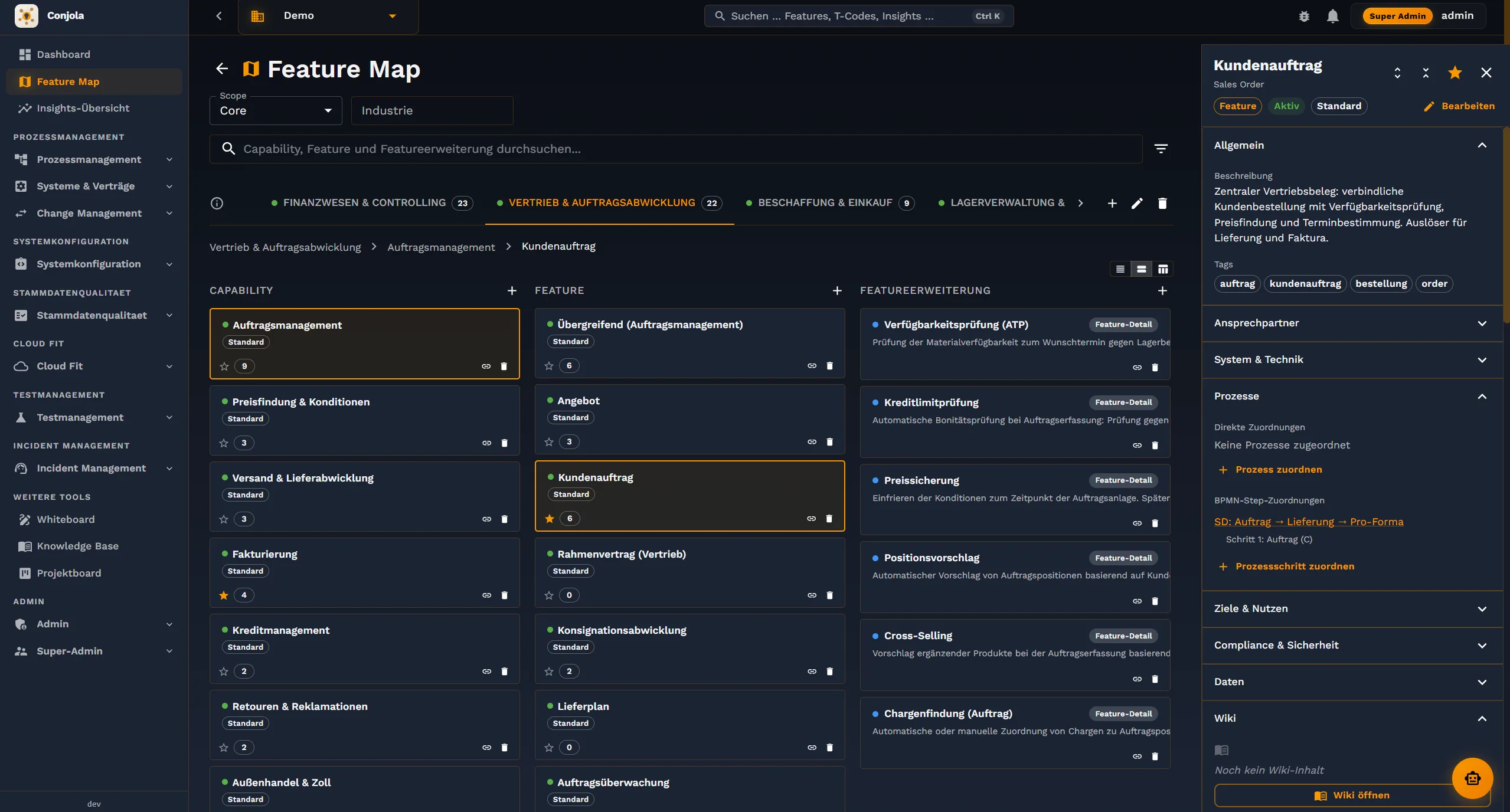 Die Feature Map in Conjola — Business Areas, Capabilities und Features mit realer Nutzung an der Struktur.